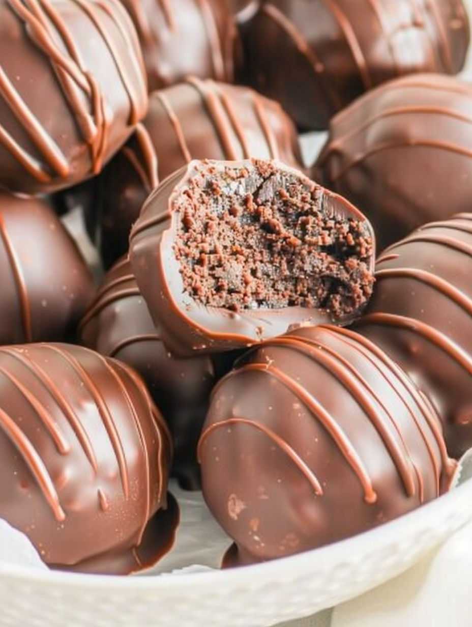 A bowl of chocolate truffles with a bite taken out of one.