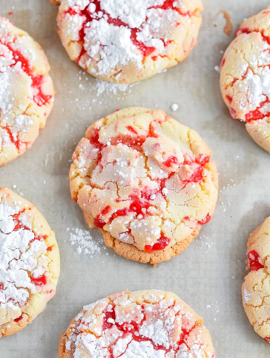 A close up of a red and white cookie.