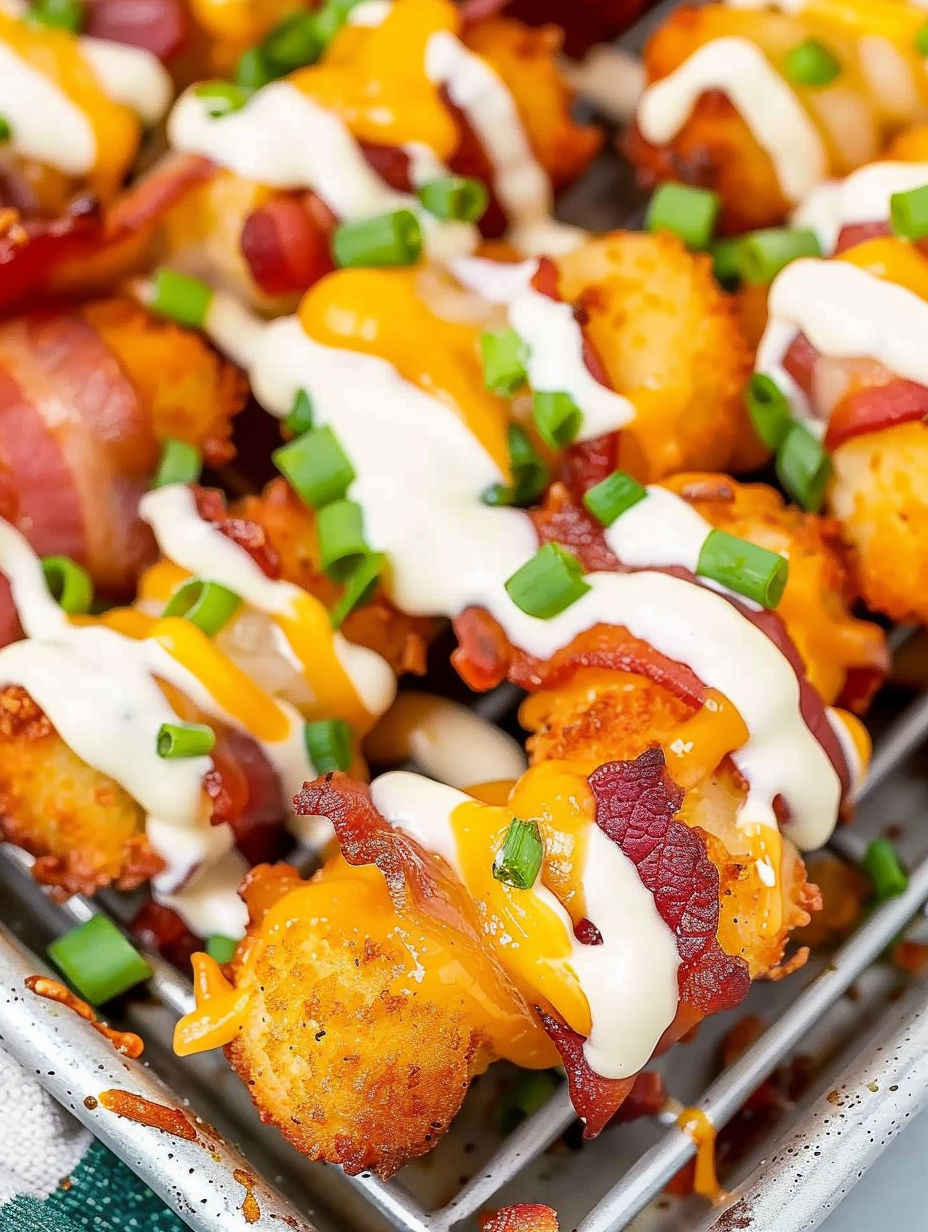 Loaded tater tots with cheese and bacon.