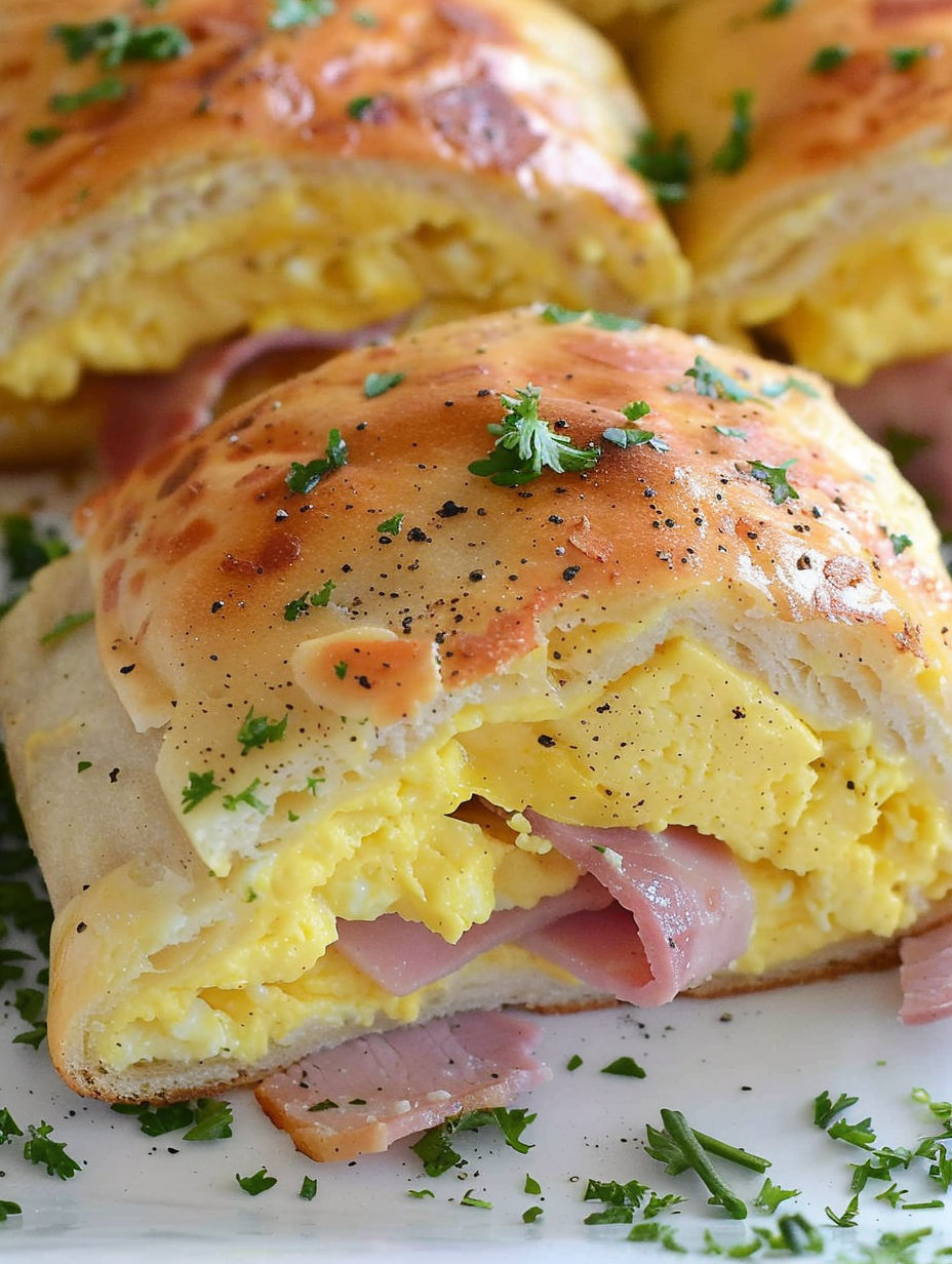 A breakfast sandwich with ham, egg, and cheese.