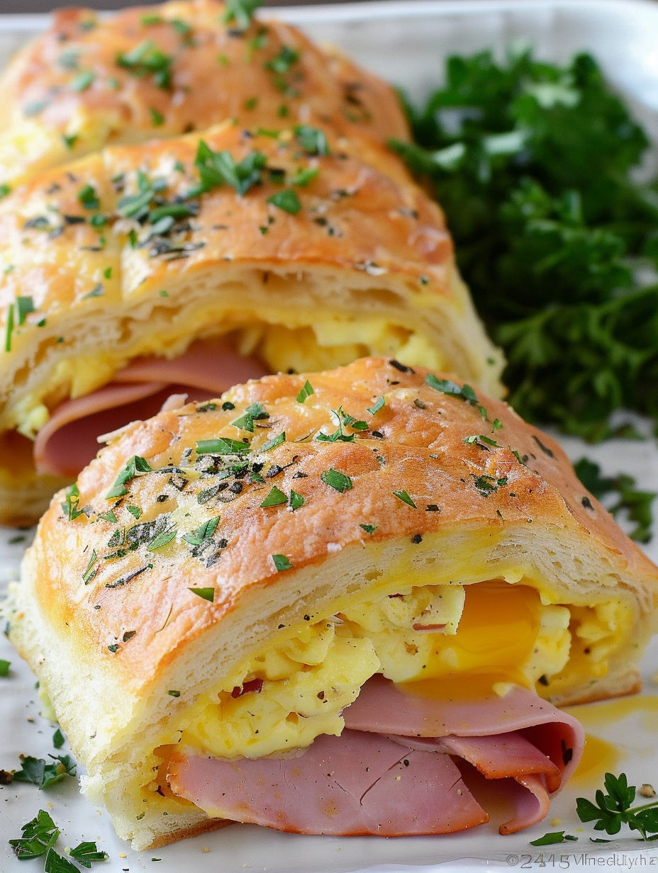 Two ham, egg, and cheese breakfast rolls.