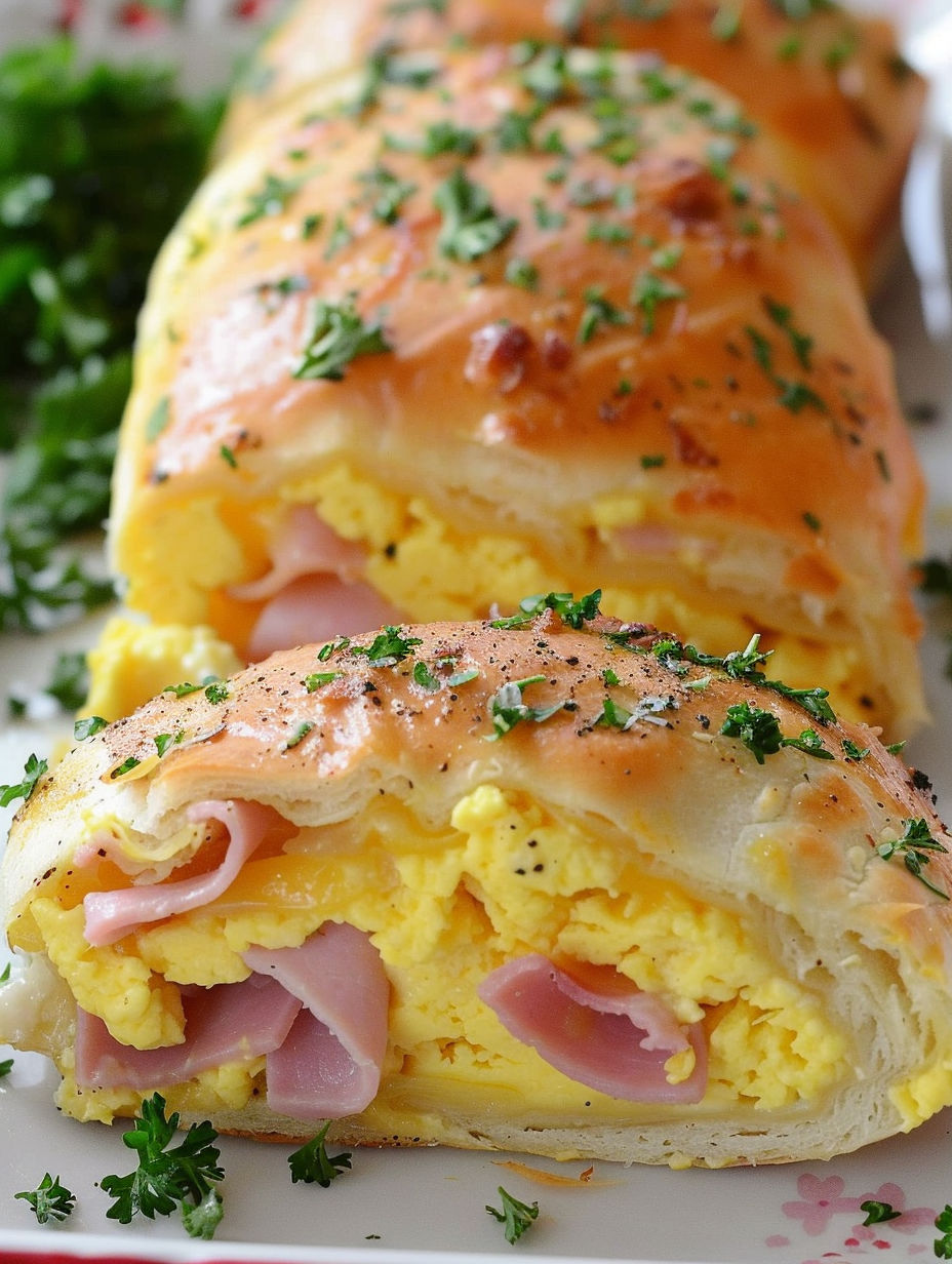 Two ham, egg, and cheese breakfast rolls.