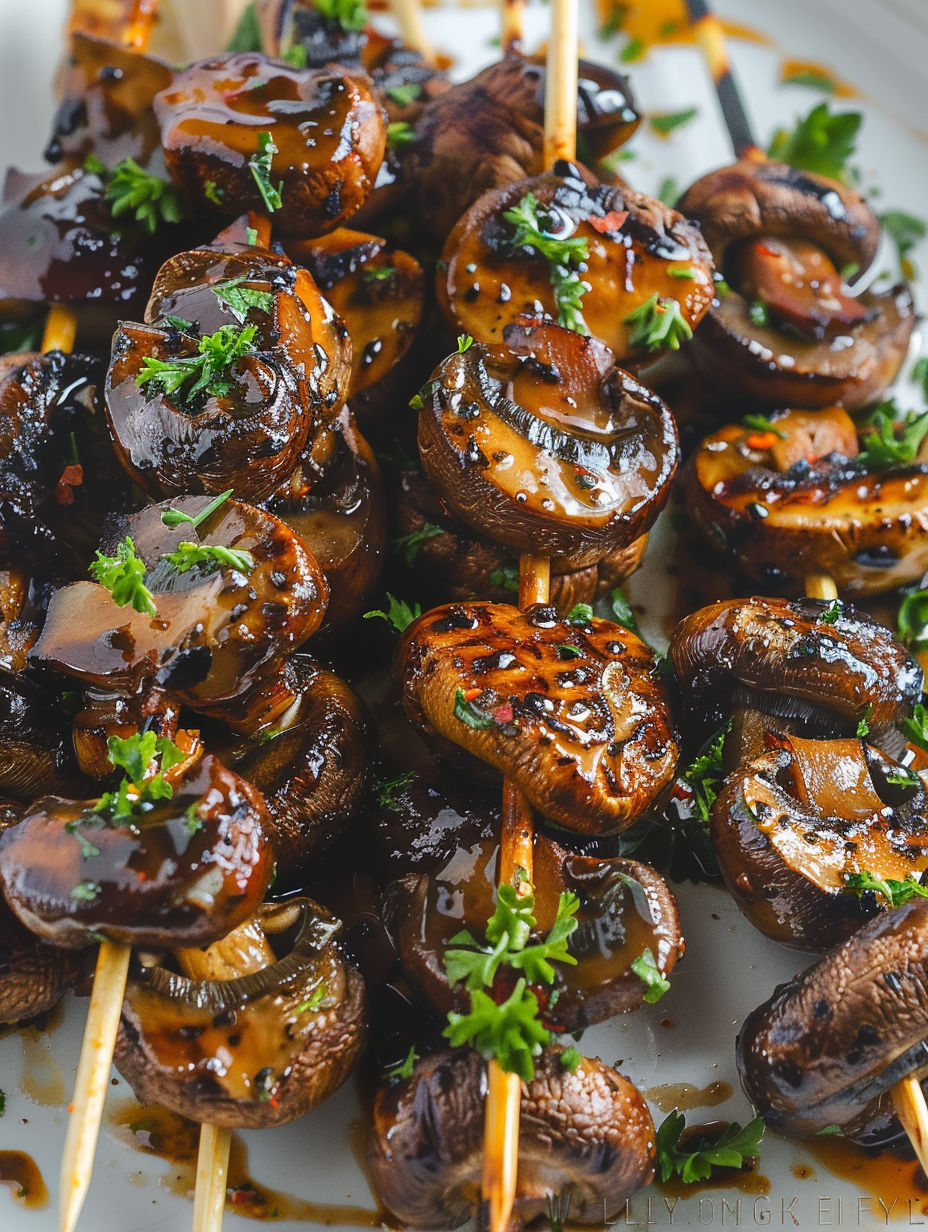 Balsamic garlic grilled mushrooms on a stick.
