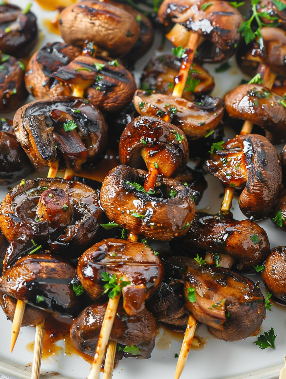 Balsamic garlic grilled mushrooms on a stick.