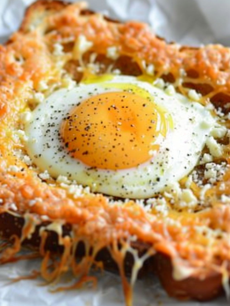 A close up of a cheesy baked egg toast.