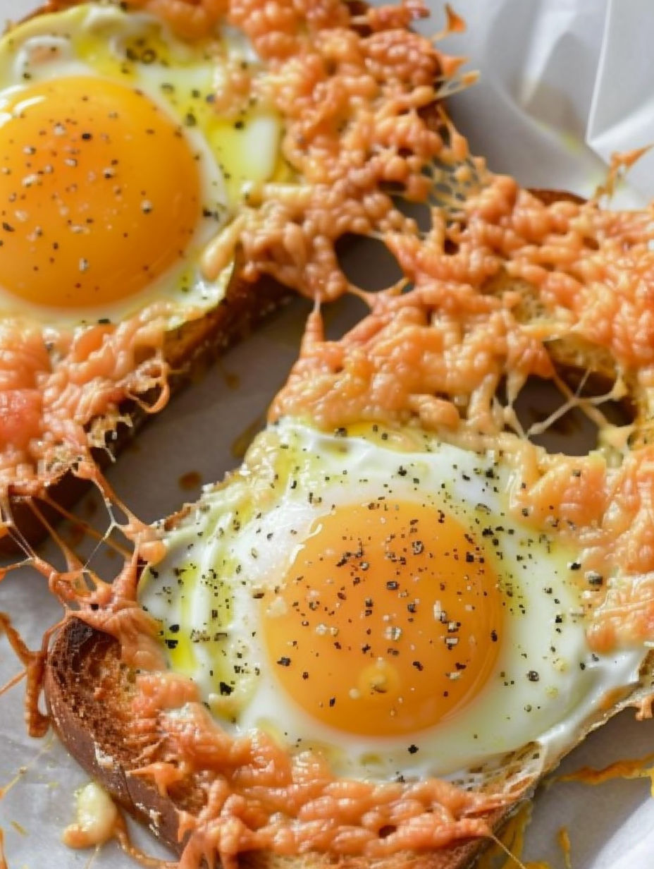 A slice of cheesy baked egg toast.