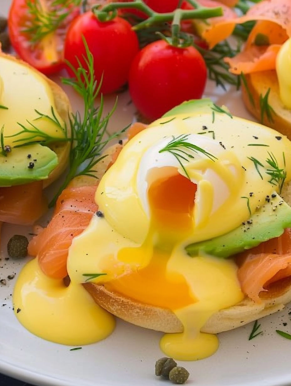 A plate of eggs benedict with smoked salmon.