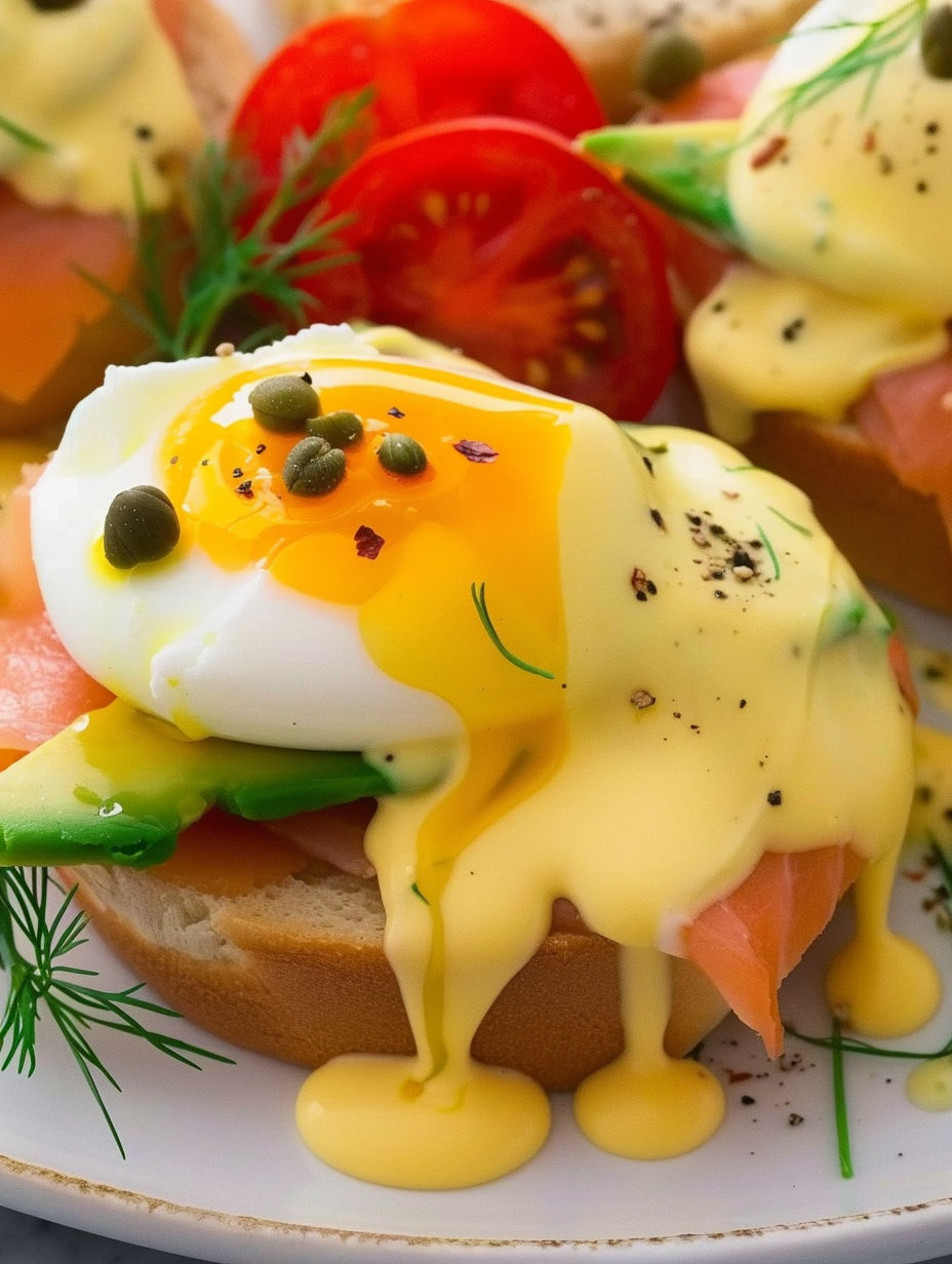A close up of a smoked salmon eggs benedict.