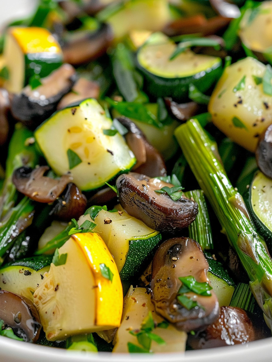 A dish of vegetables including zucchini, squash, and mushrooms.