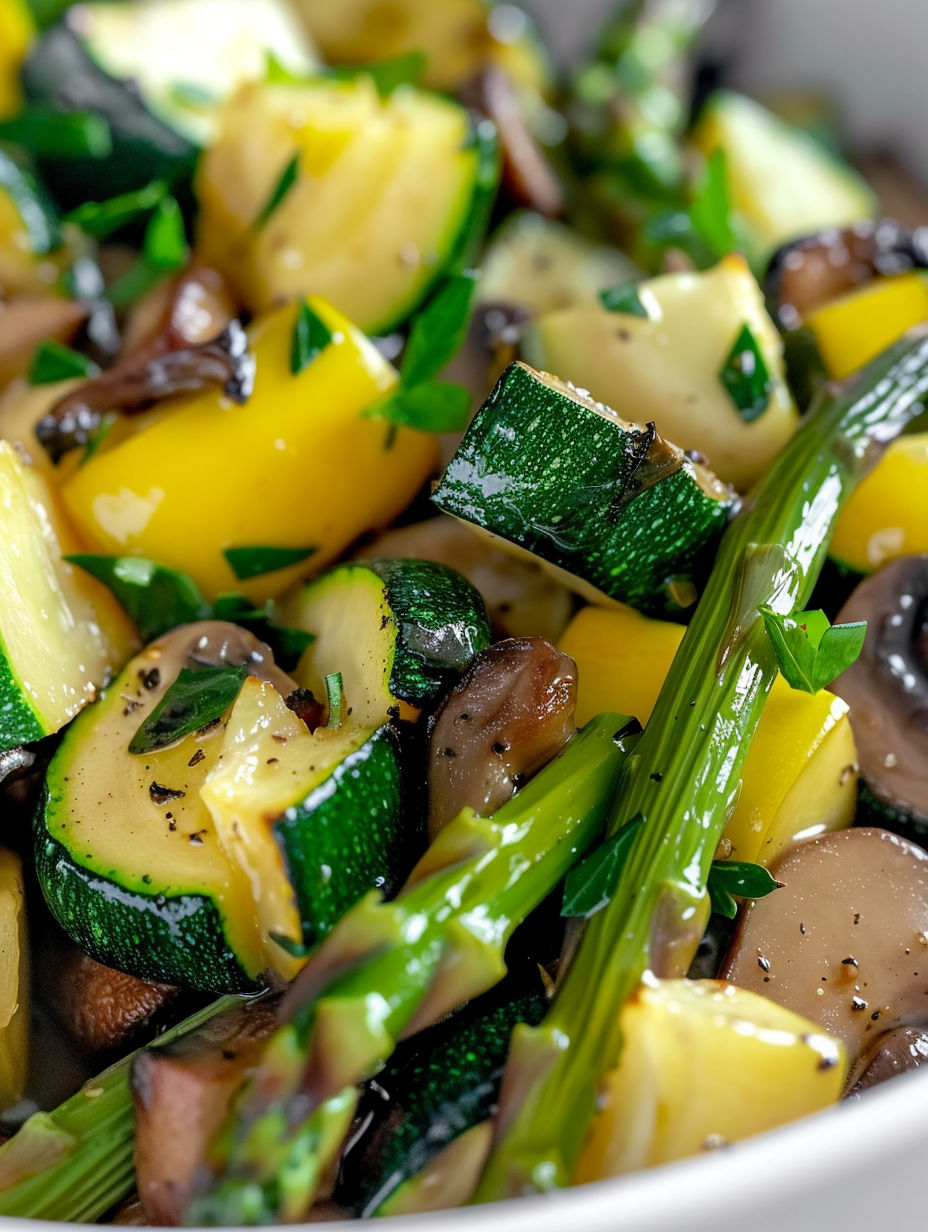 A dish of vegetables including zucchini, squash, and mushrooms.