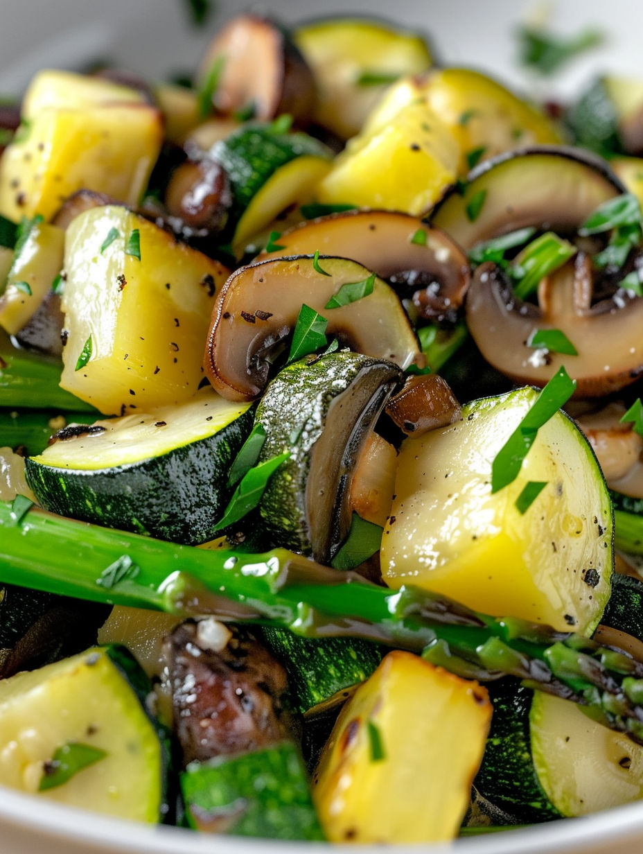 A close up of a dish with zucchini, squash, and mushrooms.