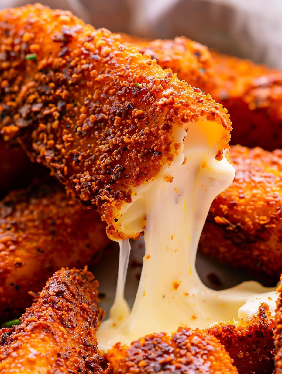 A piece of food with cheese dripping off of it.