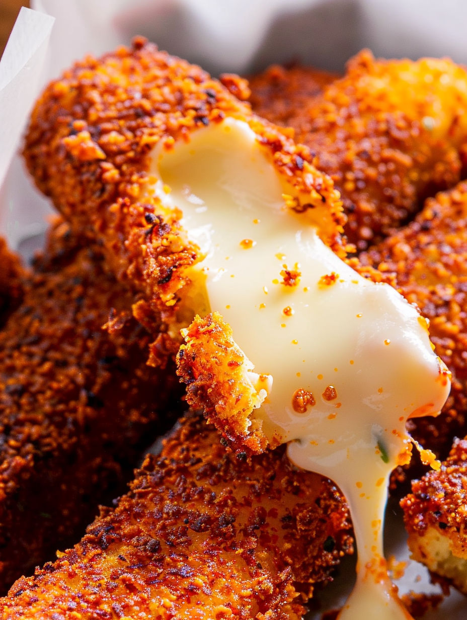 A close up of a piece of food with cheese dripping out of it.