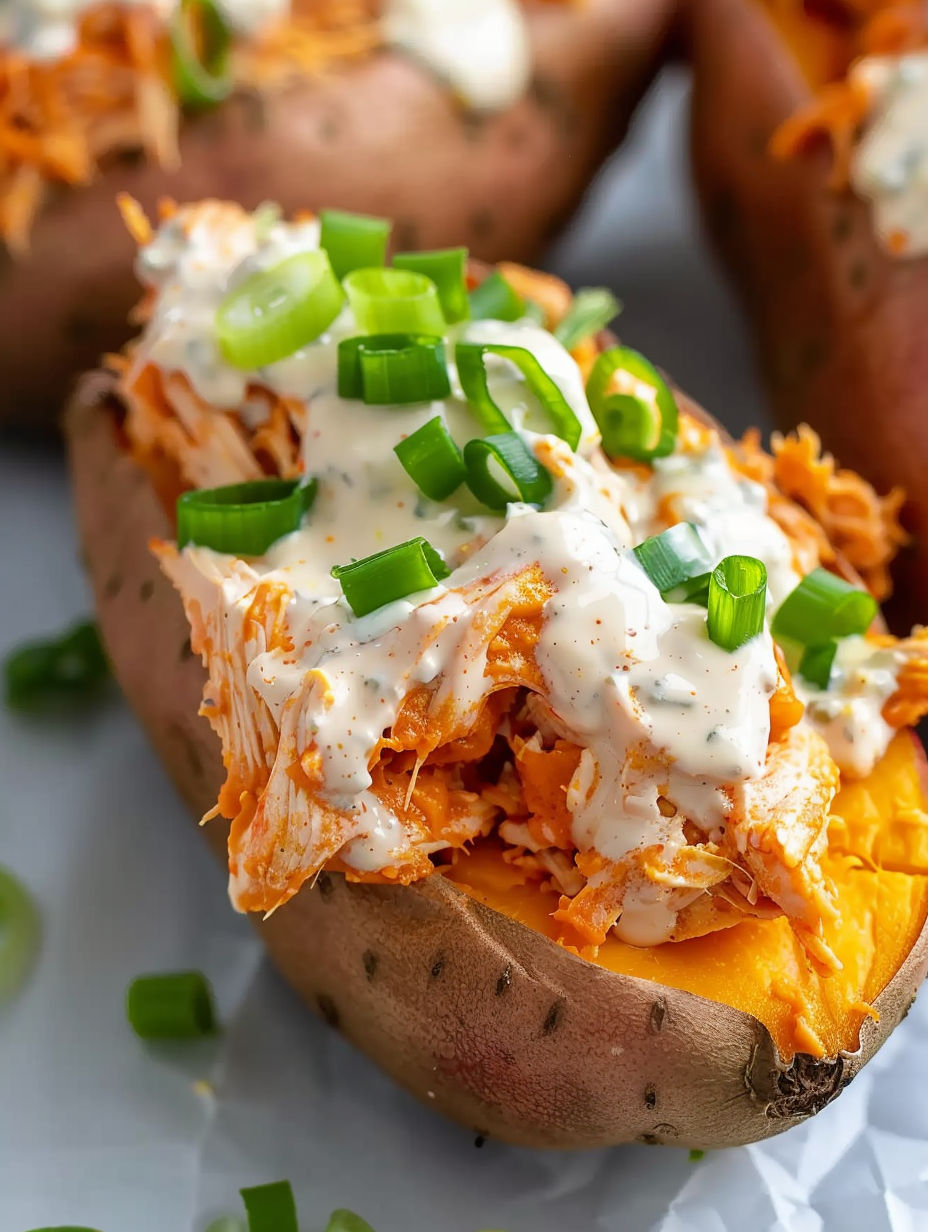 Stuffed sweet potatoes with buffalo chicken and ranch.