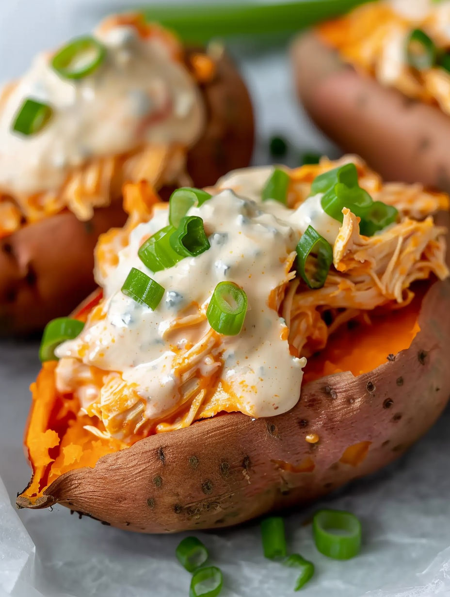 Stuffed sweet potatoes with buffalo chicken and ranch.