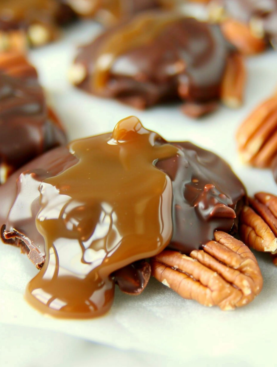 Chocolate covered pecans with caramel drizzle.