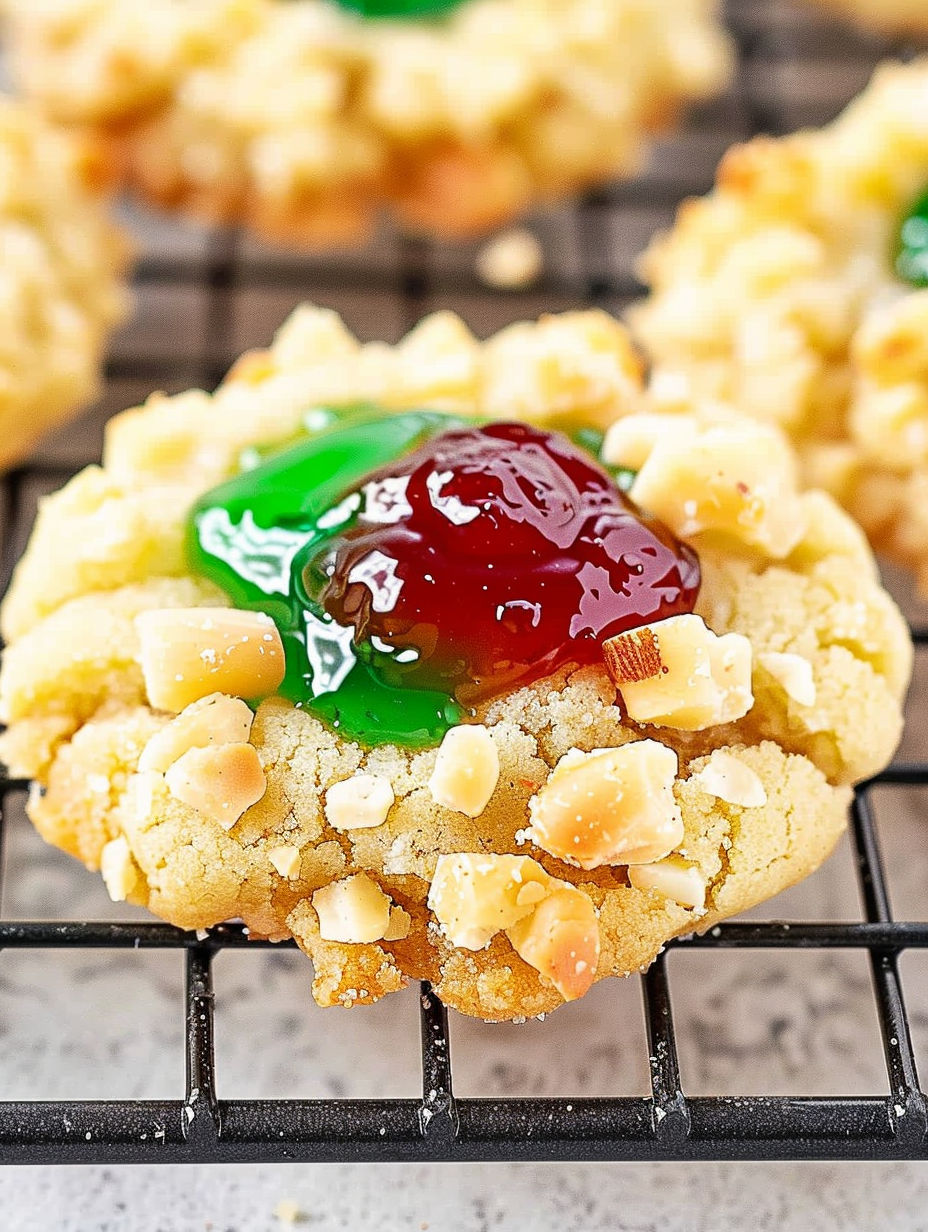 A thumbprint cookie with jelly in the center.