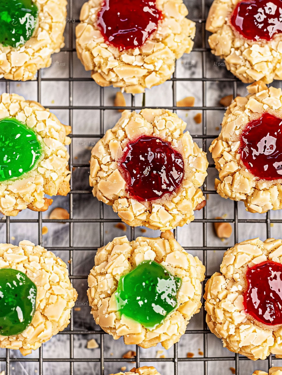 A tray of thumbprint cookies with green, red, and yellow jams.