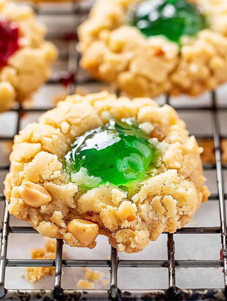 A thumbprint cookie with a green jelly filling.