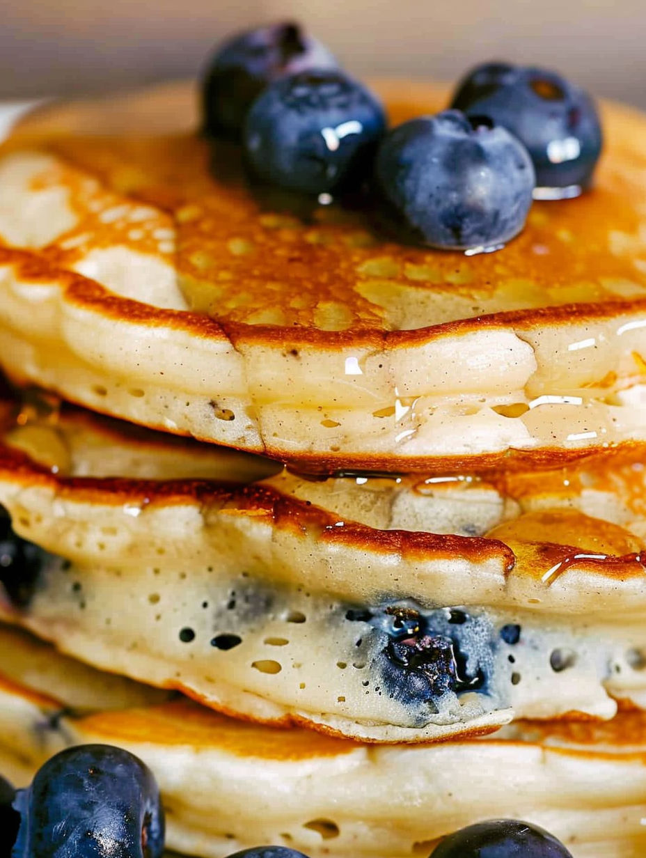 A stack of fluffy Greek yogurt blueberry pancakes.