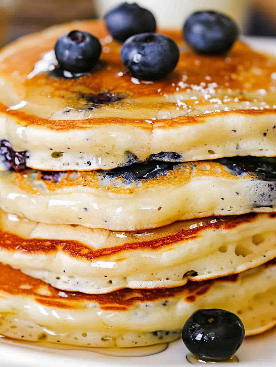A stack of fluffy Greek yogurt blueberry pancakes.