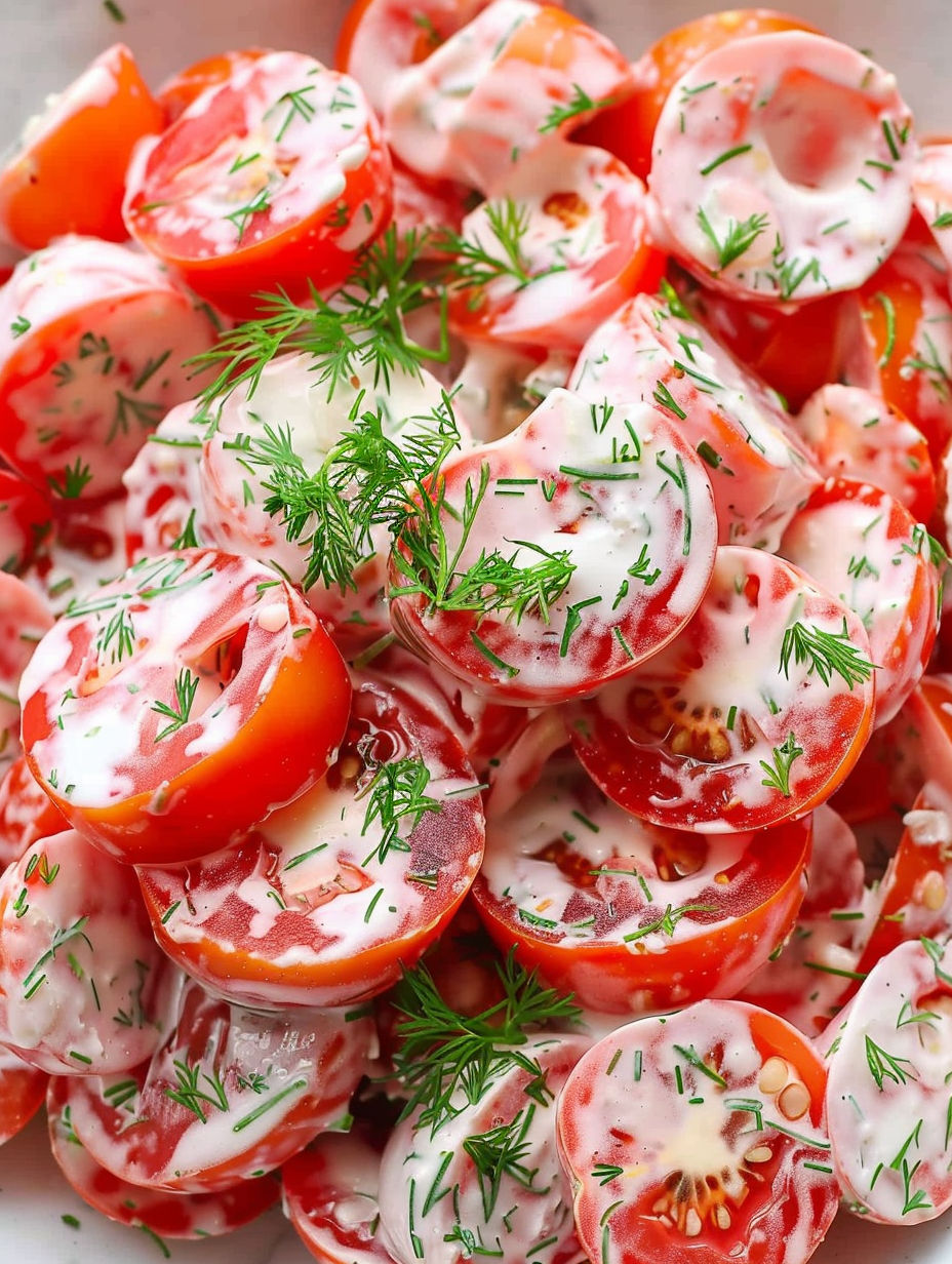 A close up of a tomato garlic salad.