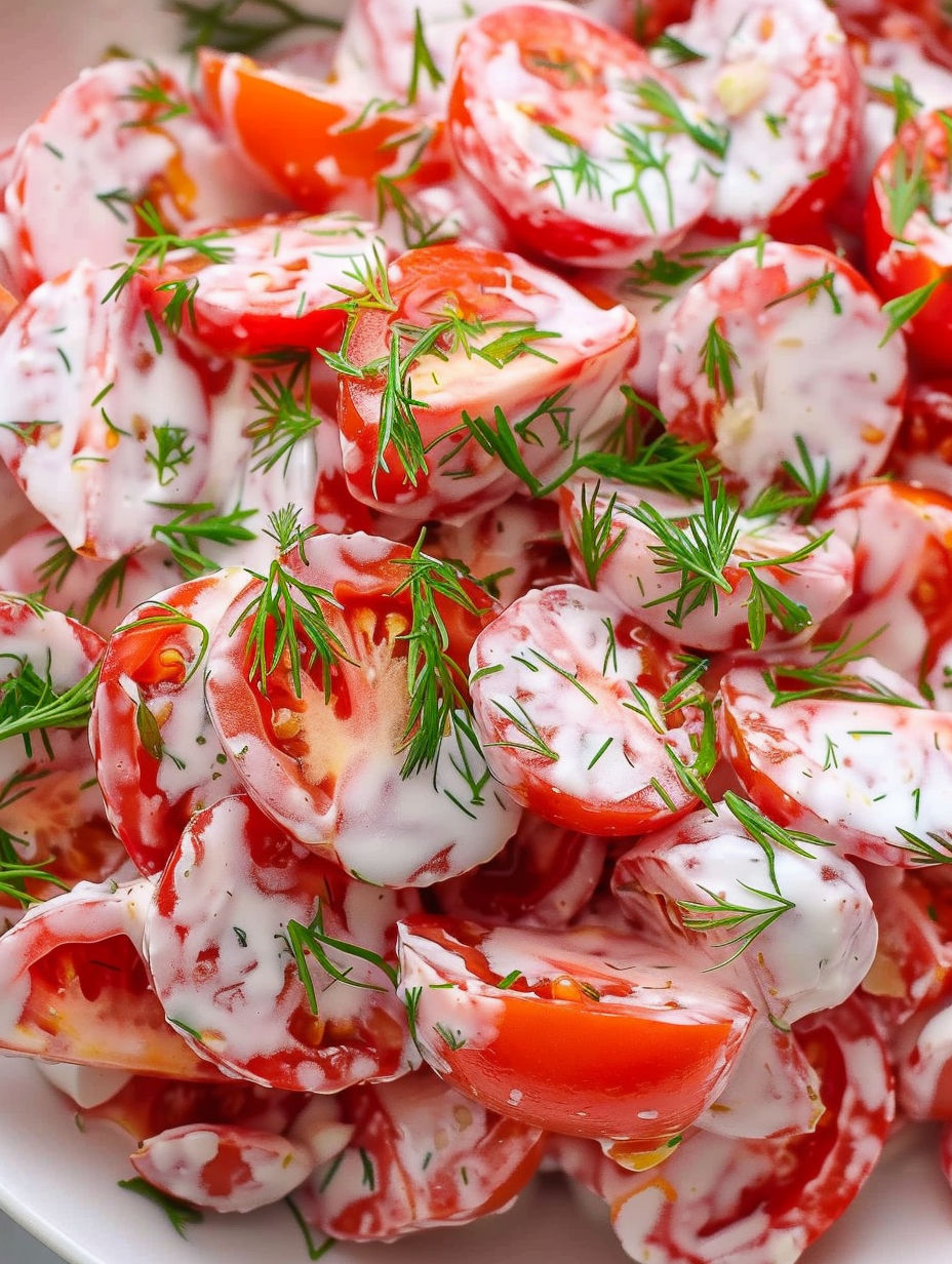 A close up of a tomato salad with garlic.