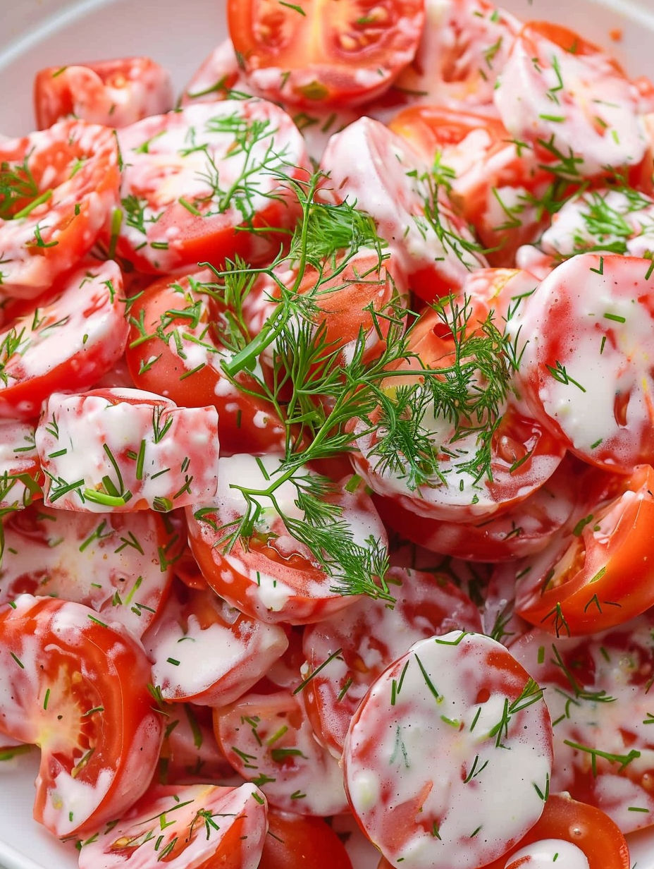 A close up of a tomato salad with garlic.