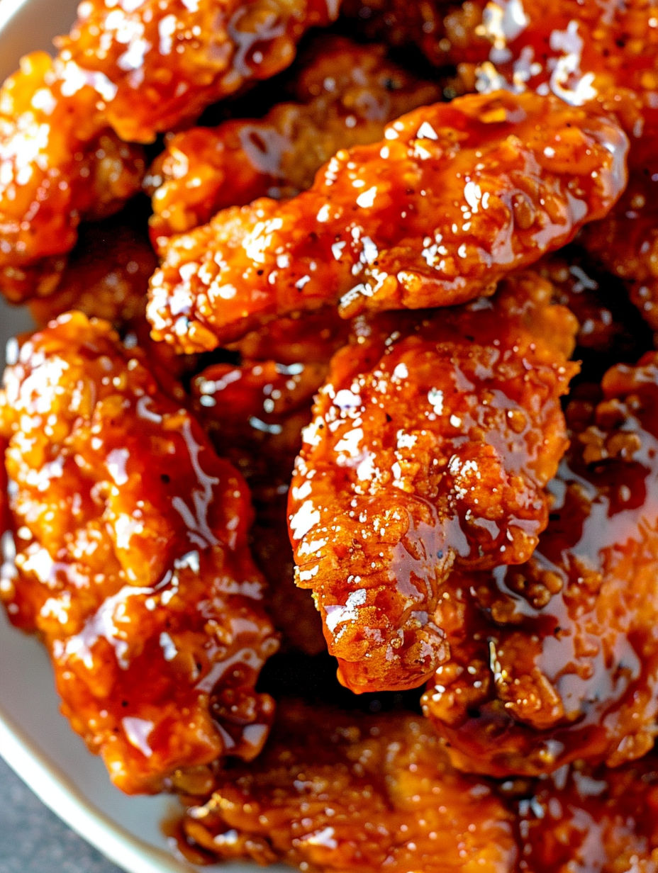 A plate of chicken tenders with a sauce.