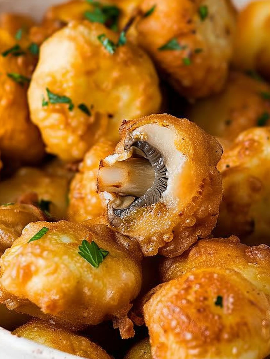 Fried mushrooms with a hole in the center.