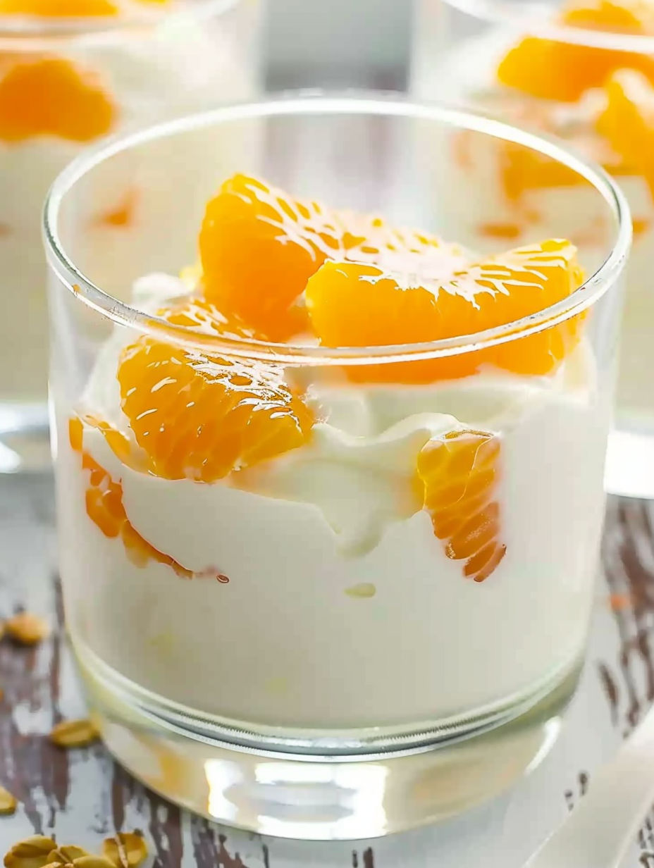 A glass of orange cream dessert.