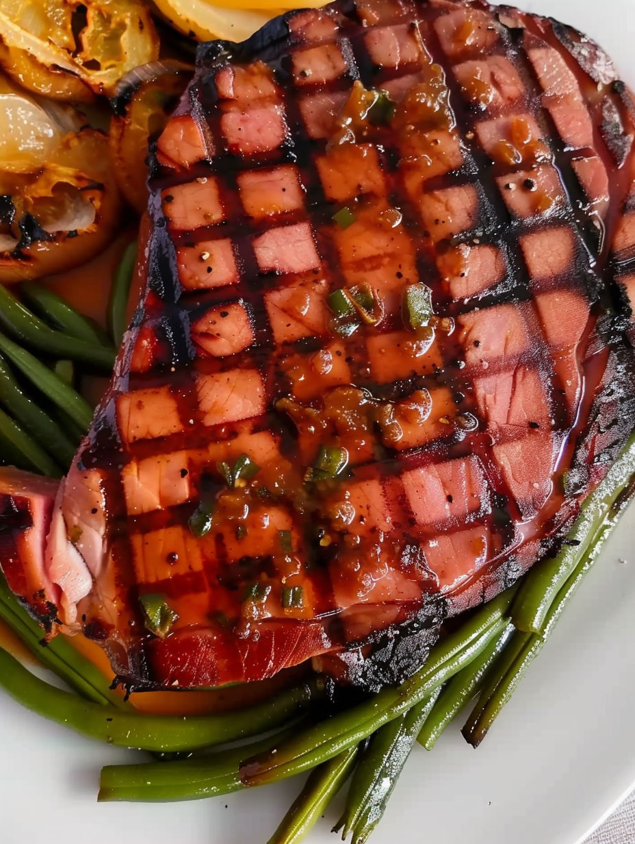 A ham steak with a glaze on top.