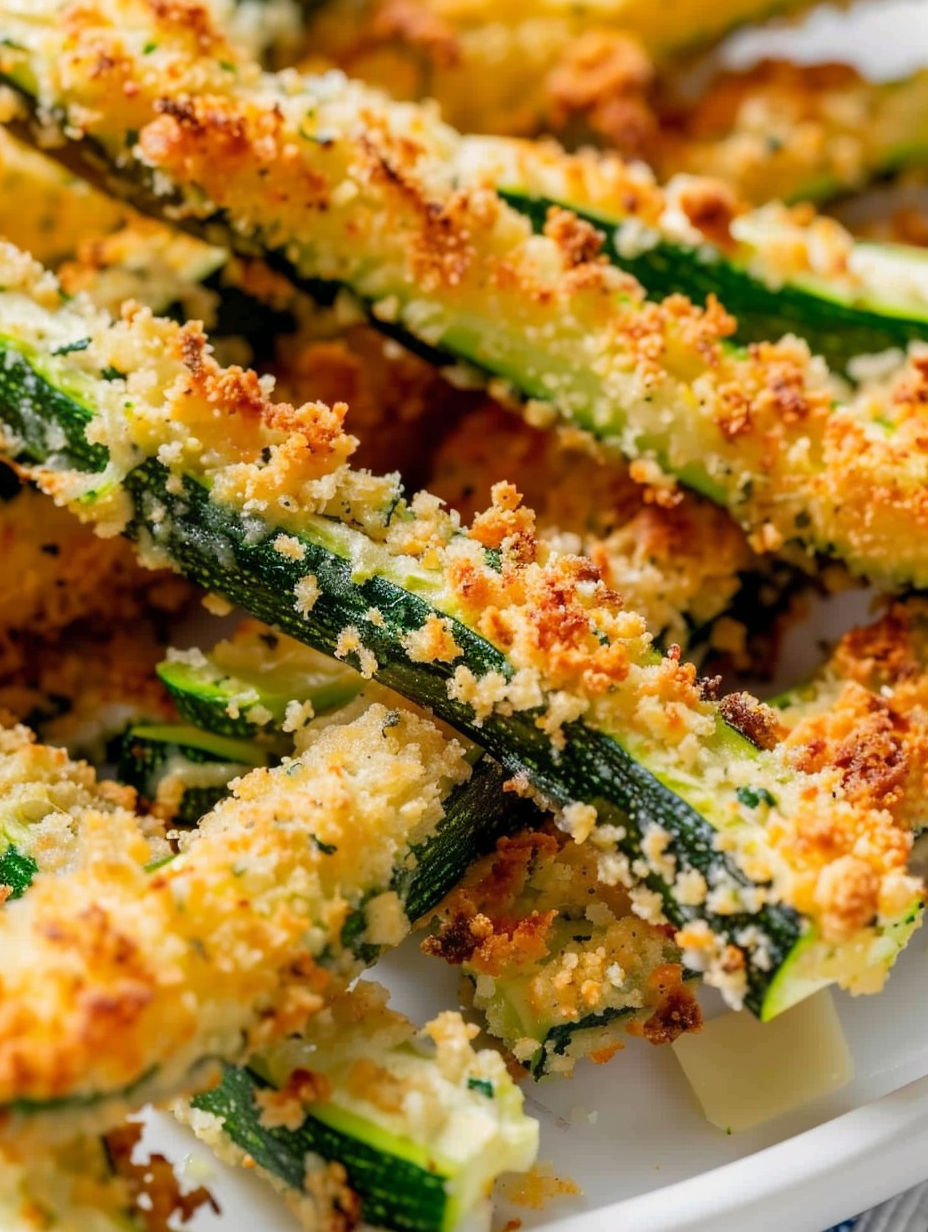 A plate of fried zucchini with cheese and breadcrumbs.