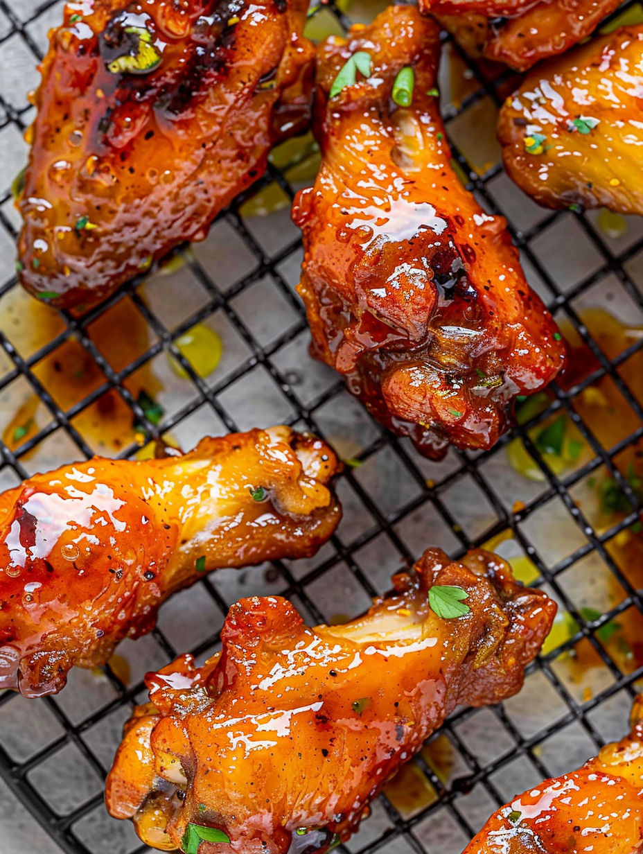 Hot honey peach wings on a wire rack.