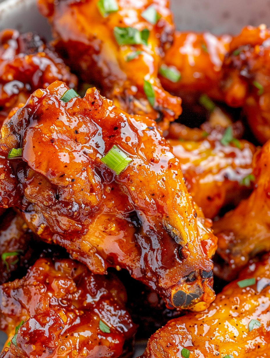 A close up of some delicious looking hot honey peach wings.