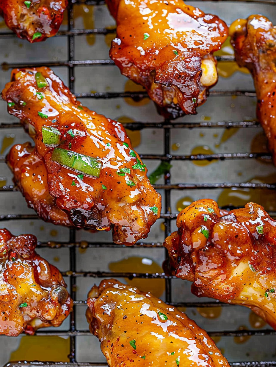 A close up of some delicious looking hot honey peach wings.