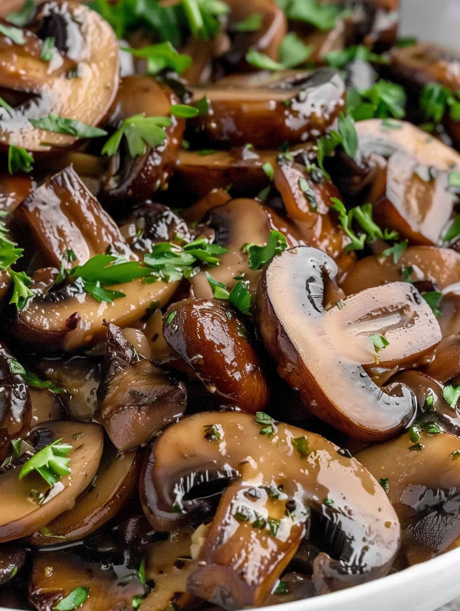 A close up of sauteed mushrooms.