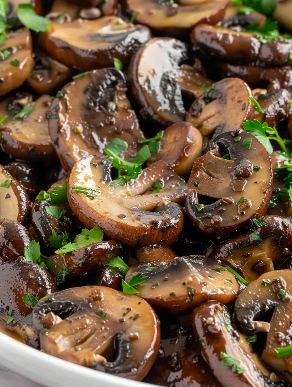 A dish of sauteed mushrooms.