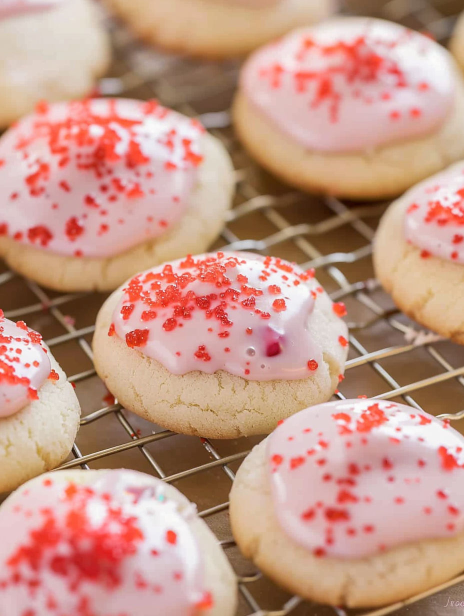 A tray of almond cherry cookies with red and white sprinkles.