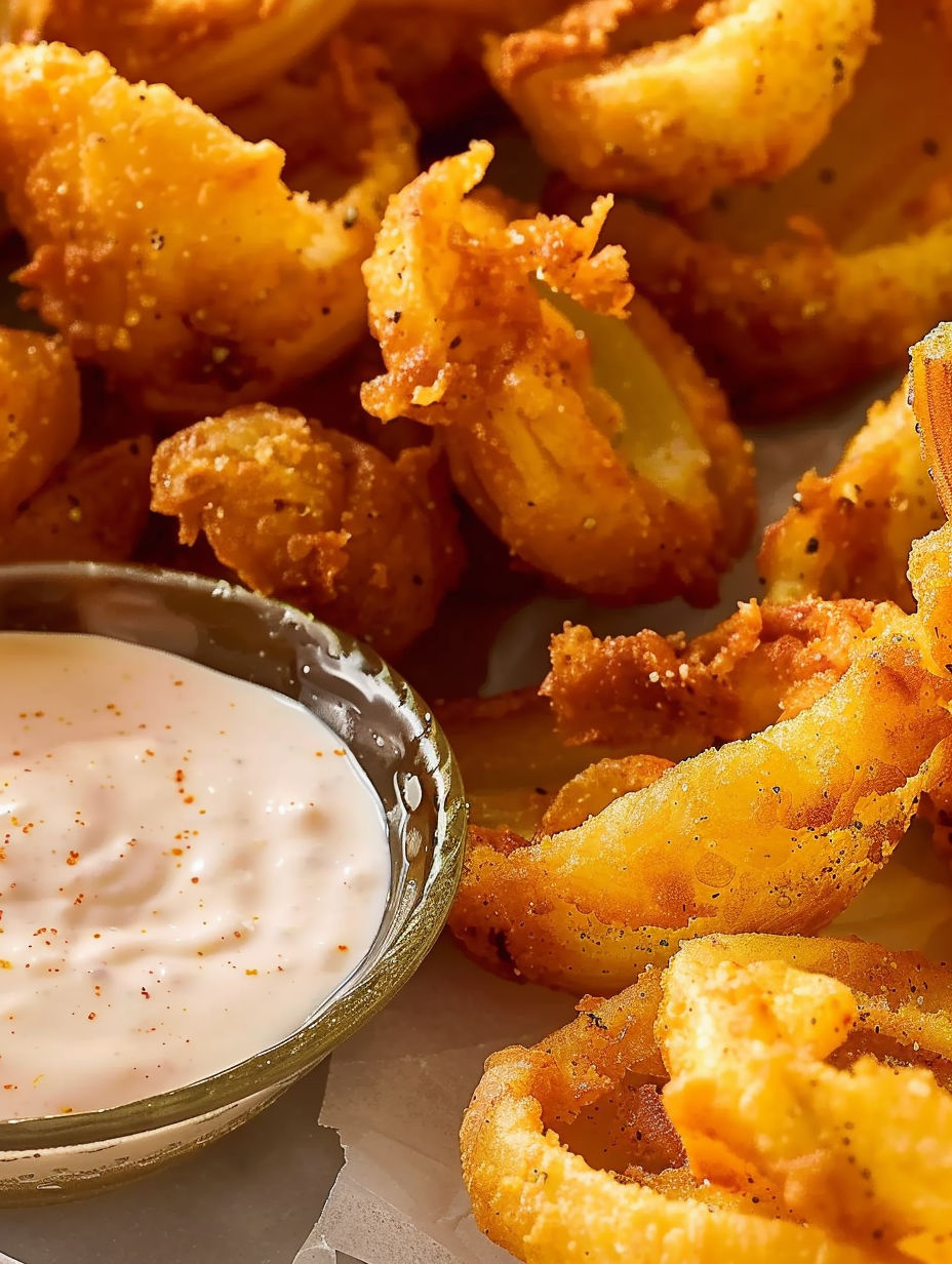 A bowl of onion petals with a dipping sauce.