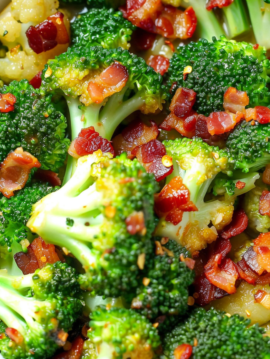A close up of broccoli with bacon and garlic sauce.