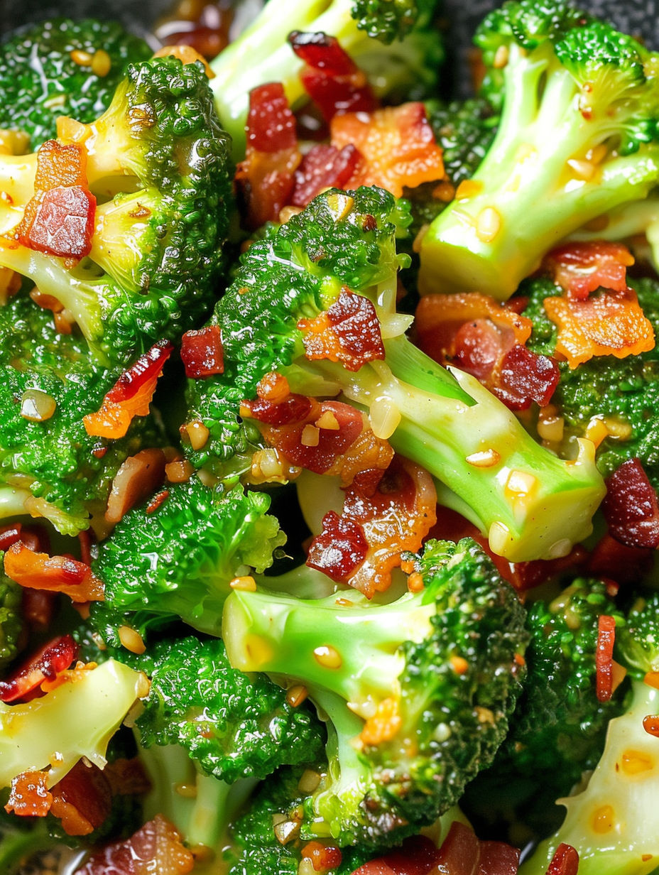 A close up of broccoli with garlic sauce.