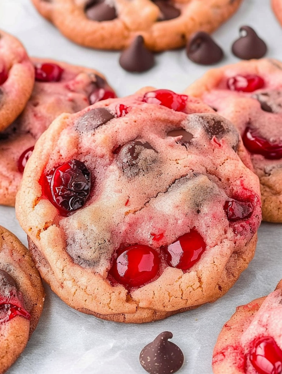 A close up of a chocolate chip cookie with cherries on top.