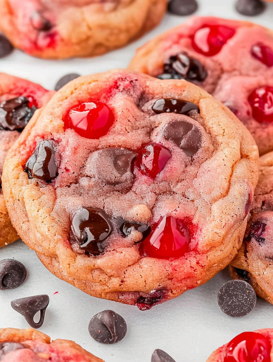 A chocolate chip cookie with red jelly.