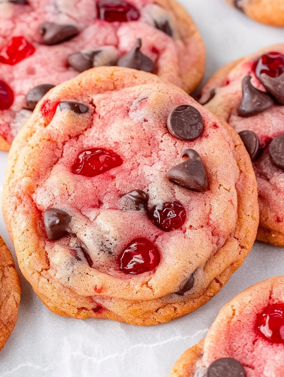 A chocolate chip cookie with a cherry on top.