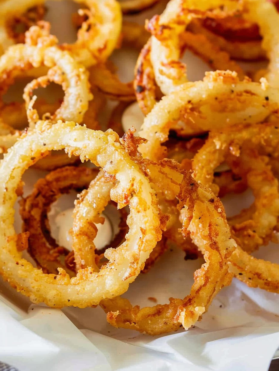 A plate of onion rings with a dipping sauce.