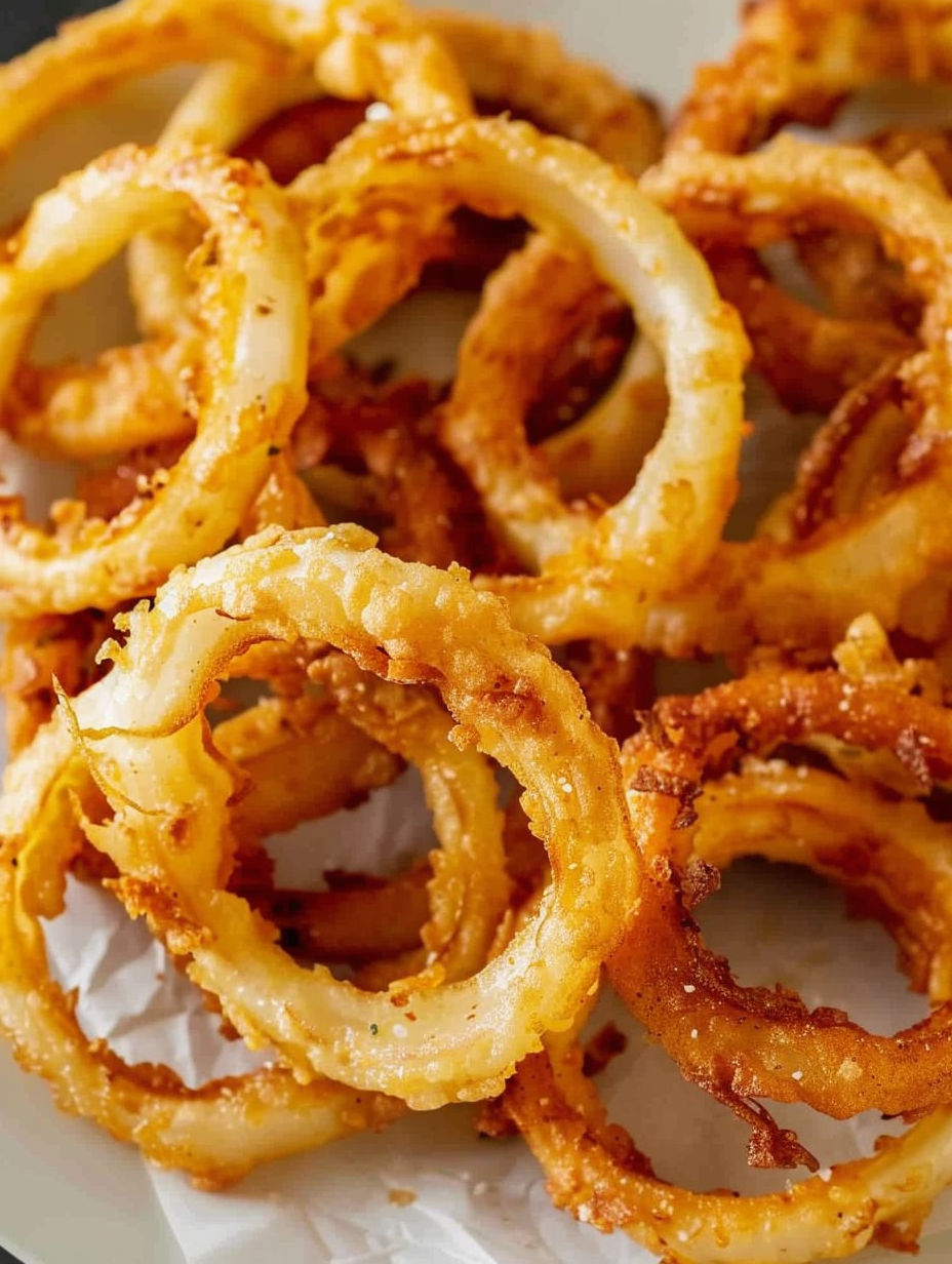 A plate of onion rings with a dipping sauce.