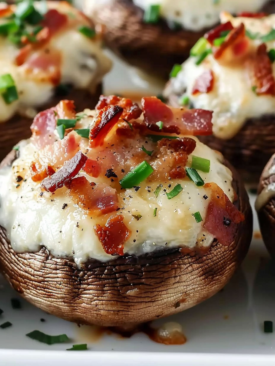 A plate of mushrooms with bacon on top.