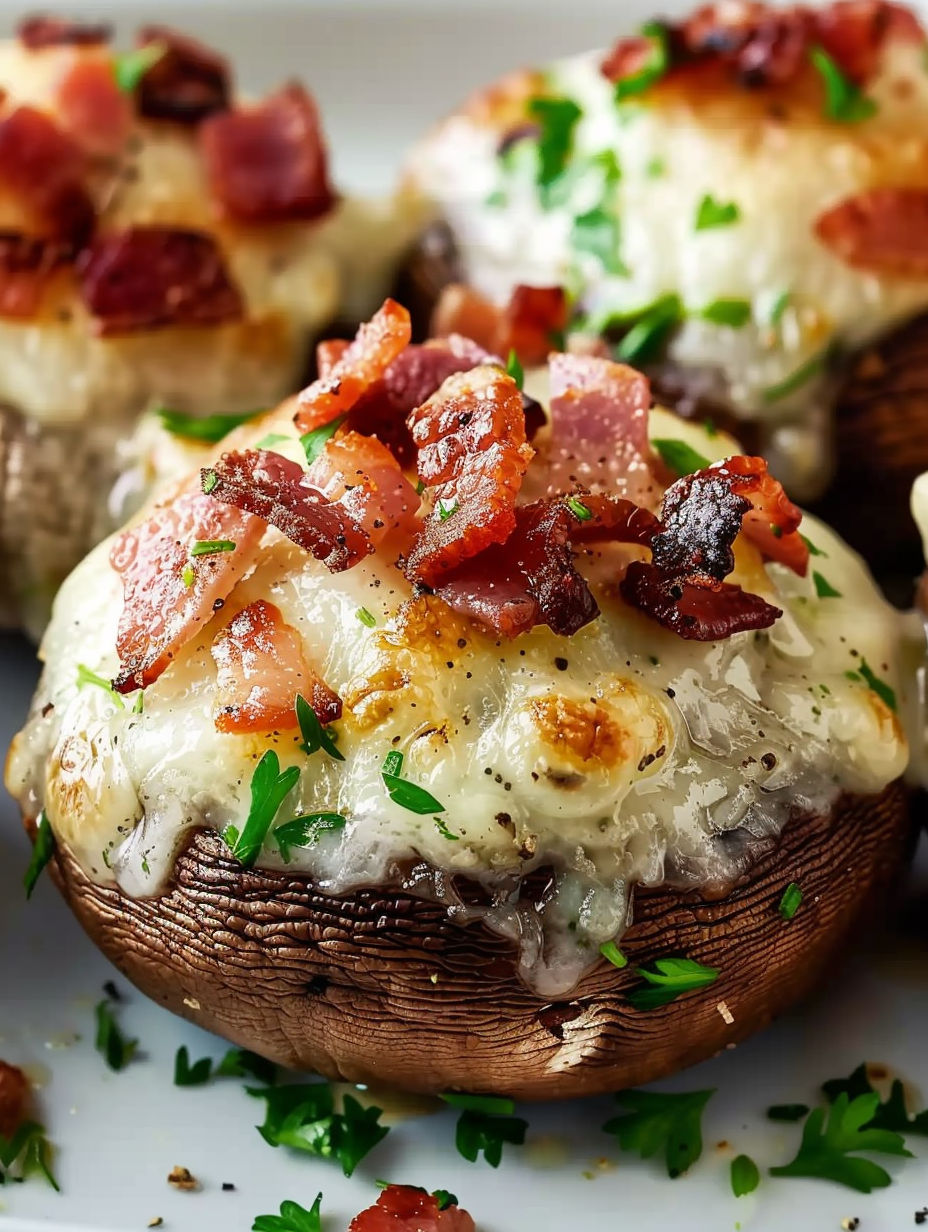 Bacon wrapped mushrooms with cheese.