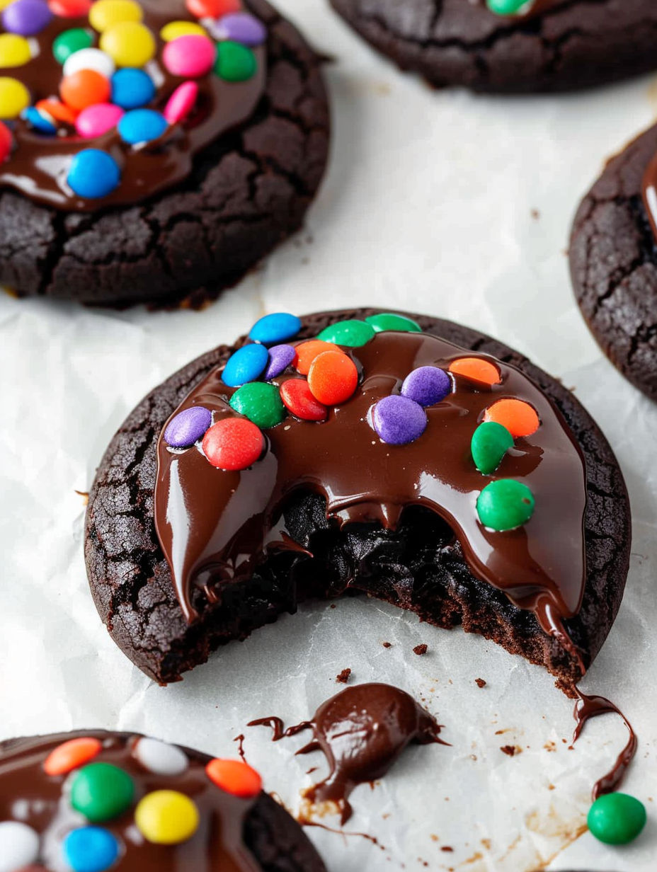 A chocolate cookie with a bite taken out of it.